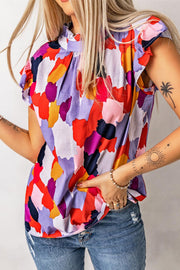 Green Ruffle Cap Sleeve Frill Mock Neck Printed Top - Higher Class Elegance