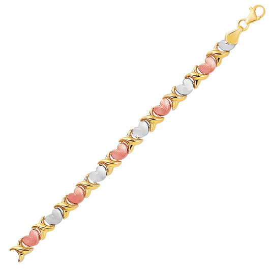 14k Tri-Color Gold Fancy Satin Heart Line Bracelet (6.35 mm)