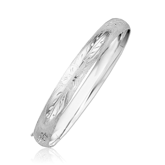 Classic Floral Carved Bangle in 14k White Gold (8.00 mm)