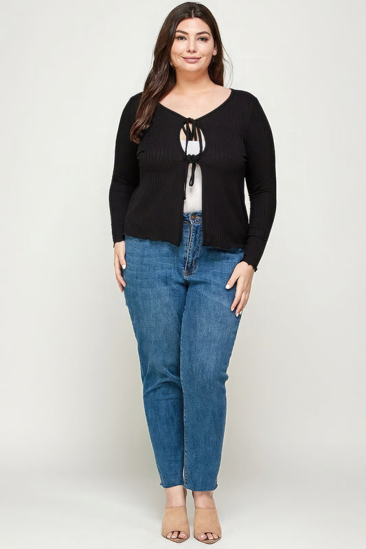 Solid Ribbed Pointelle Cardigan - Plus Size