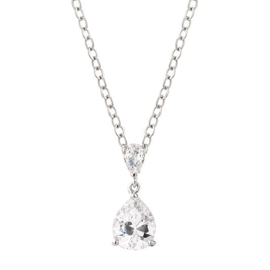 Rhodium Plated Double Pear CZ Drop Pendant Necklace