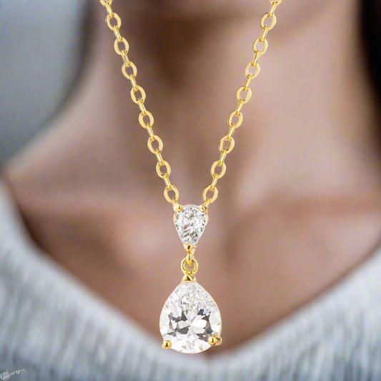 18K Gold Plated Double Pear CZ Drop Pendant Necklace