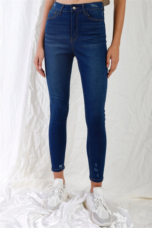 Dark Blue High-Waisted Skinny Jeans with Rips