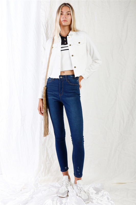Dark Blue High-Waisted Skinny Jeans with Rips