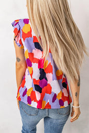 Green Ruffle Cap Sleeve Frill Mock Neck Printed Top - Higher Class Elegance