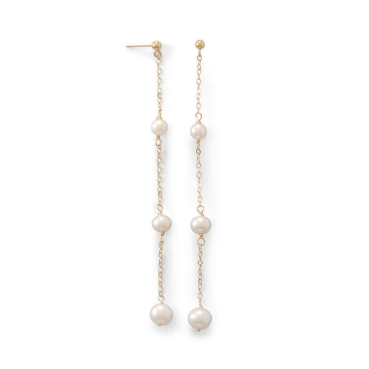 14 Karat Gold Post Earrings with Three Cultured Freshwater Pearl Drop freeshipping - Higher Class Elegance