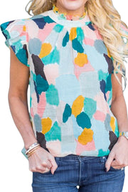Green Ruffle Cap Sleeve Frill Mock Neck Printed Top - Higher Class Elegance