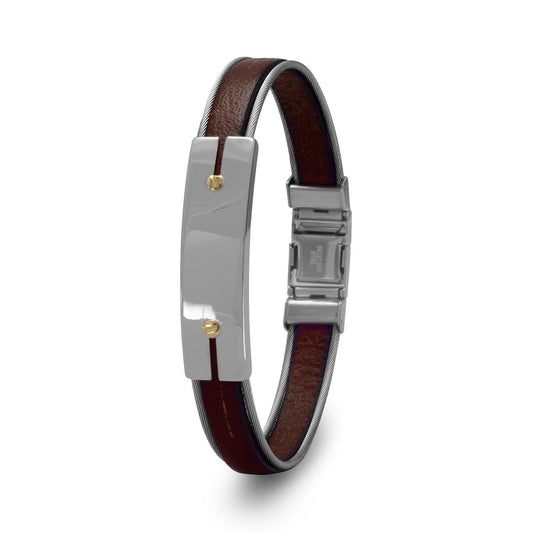 8.5" Stainless Steel and Leather Men's Bracelet with 18 Karat Gold Accents freeshipping - Higher Class Elegance