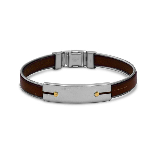 8.5" Stainless Steel and Leather Men's Bracelet with 18 Karat Gold Accents freeshipping - Higher Class Elegance