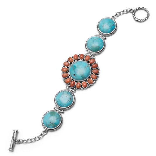 7.5" Reconstituted Turquoise and Coral Sunburst Toggle Bracelet freeshipping - Higher Class Elegance