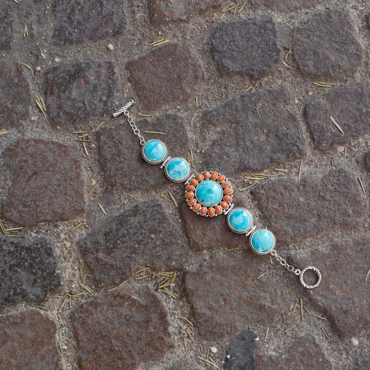 7.5" Reconstituted Turquoise and Coral Sunburst Toggle Bracelet freeshipping - Higher Class Elegance