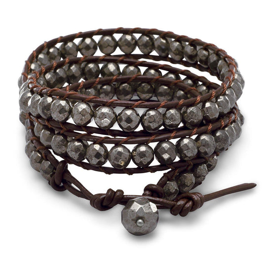 21" + 1" Leather and Pyrite Wrap Fashion Bracelet freeshipping - Higher Class Elegance