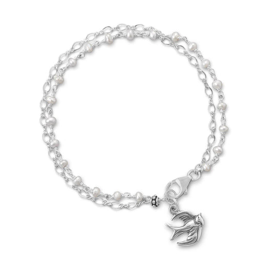 Double Strand Bracelet with Cultured Freshwater Pearls and Bird Charm freeshipping - Higher Class Elegance