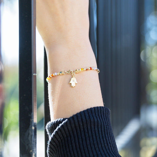 Double Strand 14 Karat Gold Plated Multistone Bracelet with Hamsa Charm freeshipping - Higher Class Elegance