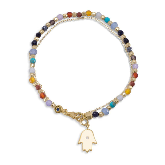 Double Strand 14 Karat Gold Plated Multistone Bracelet with Hamsa Charm freeshipping - Higher Class Elegance