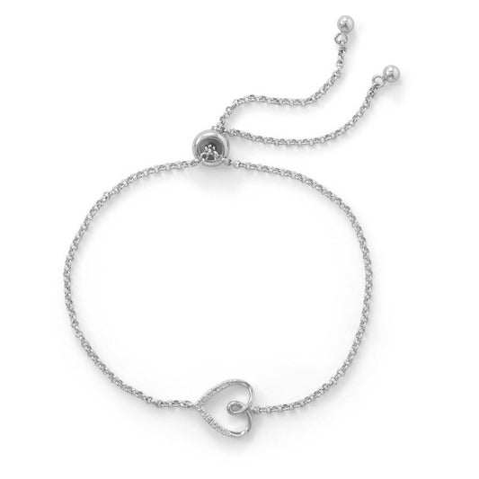 Rhodium Plated Sideways Heart Bolo Bracelet with Diamonds freeshipping - Higher Class Elegance