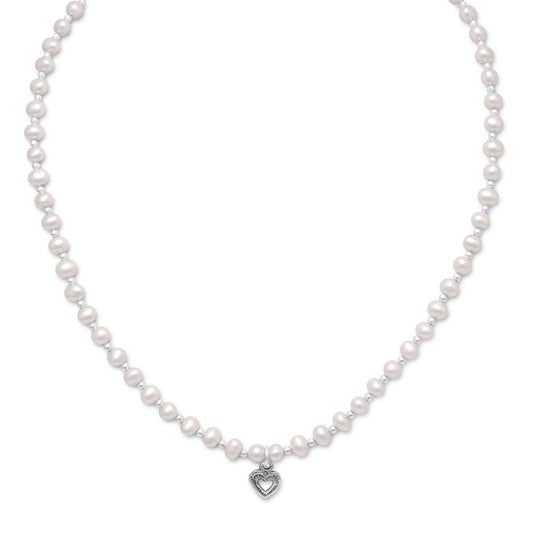 13"+2" Extension Cultured Freshwater Pearl/Silver Bead Necklace with Oxidized Heart freeshipping - Higher Class Elegance