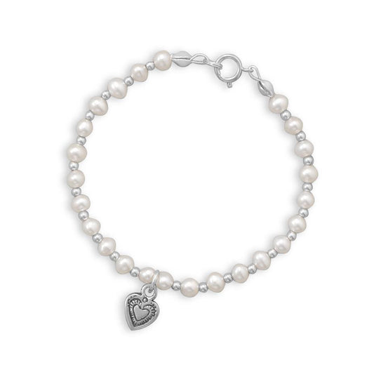 6" Cultured Freshwater Pearl and Silver Bead Bracelet with Oxidized Heart freeshipping - Higher Class Elegance