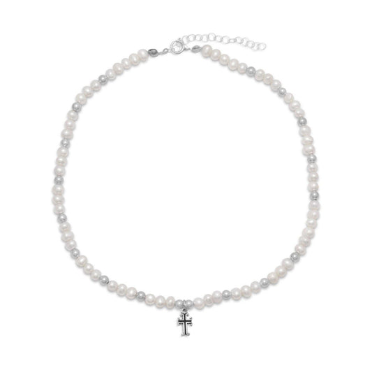 13" +2" Extension White Cultured Freshwater Pearl and Silver Bead Necklace with Cross Drop freeshipping - Higher Class Elegance