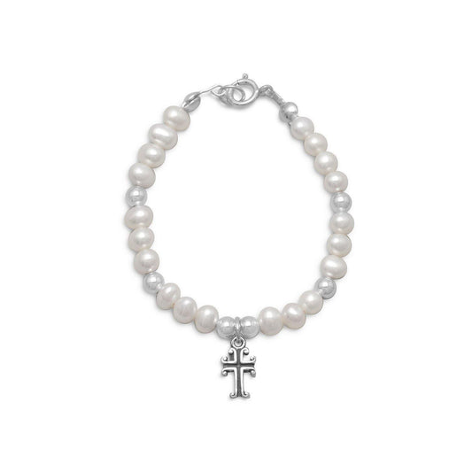 5" White Cultured Freshwater Pearl and Silver Bead Bracelet with Cross freeshipping - Higher Class Elegance