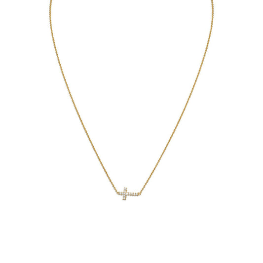 16" 14 Karat Gold Plated Necklace with Sideways CZ Cross freeshipping - Higher Class Elegance