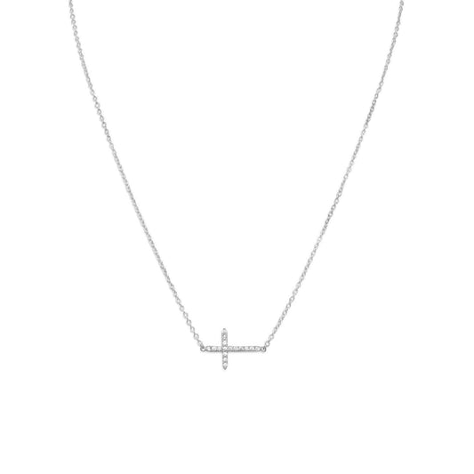 16" + 2" Rhodium Plated CZ Sideways Cross Necklace freeshipping - Higher Class Elegance