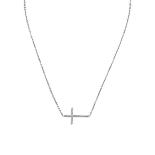 16" + 2" Rhodium Plated Polished Sideways Cross Necklace freeshipping - Higher Class Elegance