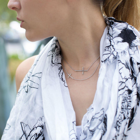 16" + 2" Rhodium Plated Polished Sideways Cross Necklace freeshipping - Higher Class Elegance