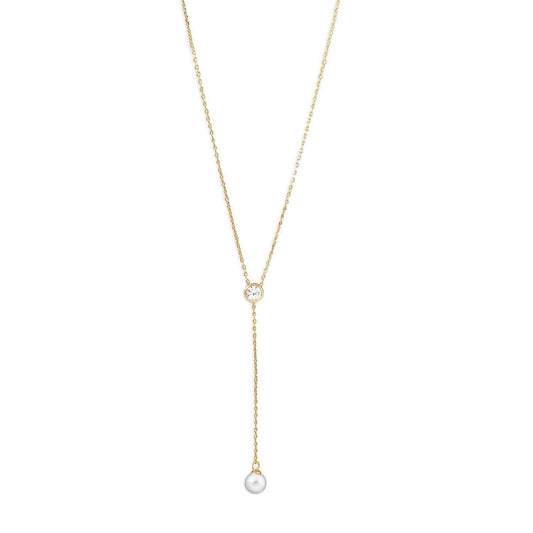 14 Karat Gold Plated Necklace with CZ and Imitation Pearl Drop freeshipping - Higher Class Elegance