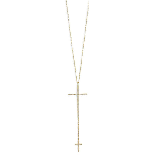 14 Karat Gold Plated Necklace with Double CZ Cross Drop freeshipping - Higher Class Elegance