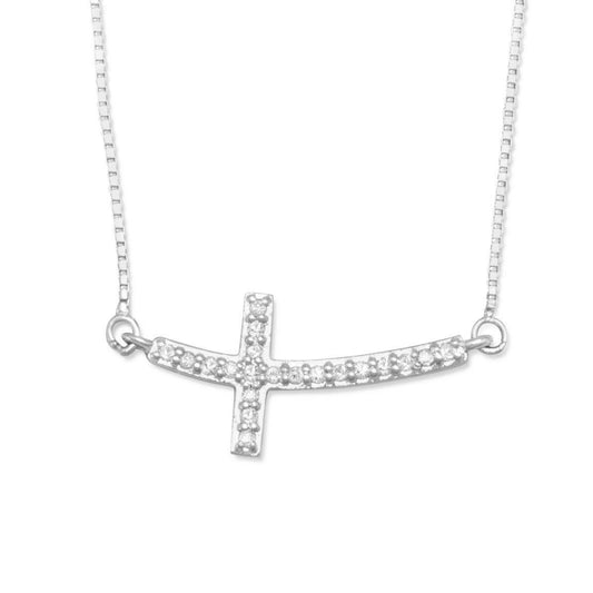 Rhodium Plated Sideways Cross Necklace with Diamonds freeshipping - Higher Class Elegance