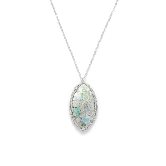 Ancient Roman Glass Marquise Necklace with Woven Wire Mesh freeshipping - Higher Class Elegance