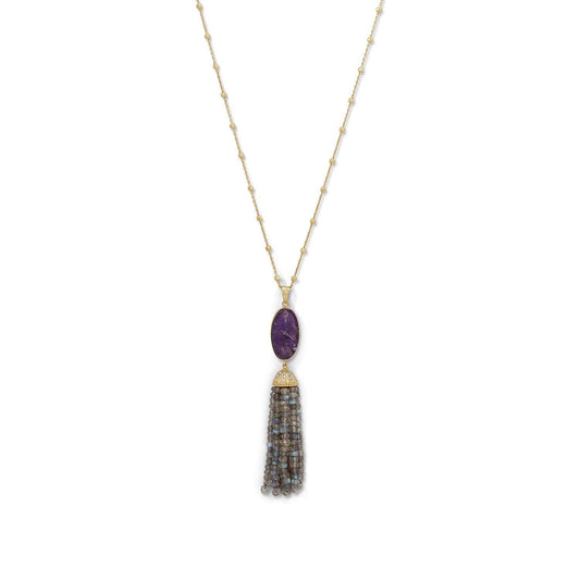 14 Karat Gold Plated Amethyst and Labradorite Tassel Necklace freeshipping - Higher Class Elegance