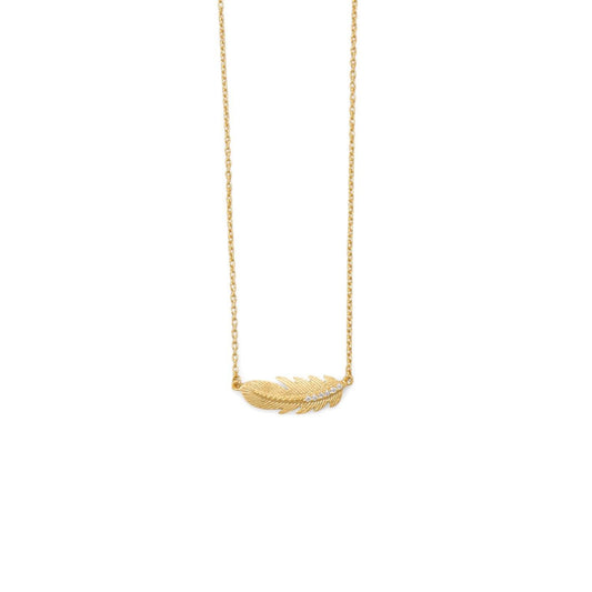 18 Karat Gold Plated Sideways CZ Feather Necklace freeshipping - Higher Class Elegance