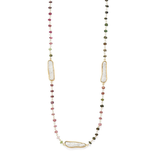 24" 14 Karat Gold Plated Tourmaline and Cultured Freshwater Pearl Necklace freeshipping - Higher Class Elegance