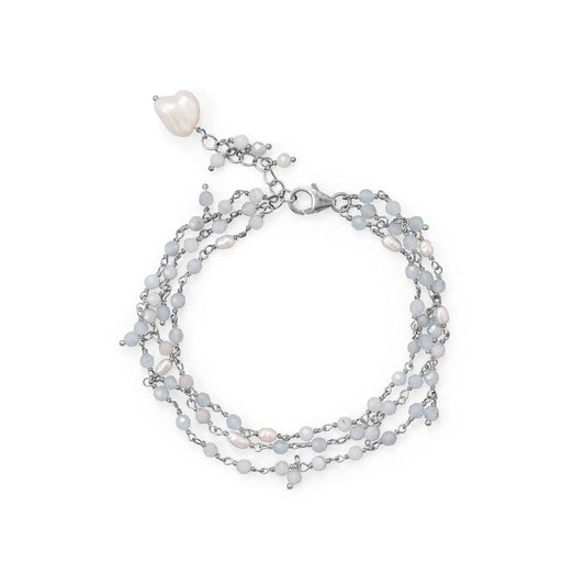 7"+1" Three Strand Aquamarine and Cultured Fresh Water Pearl Bracelet freeshipping - Higher Class Elegance