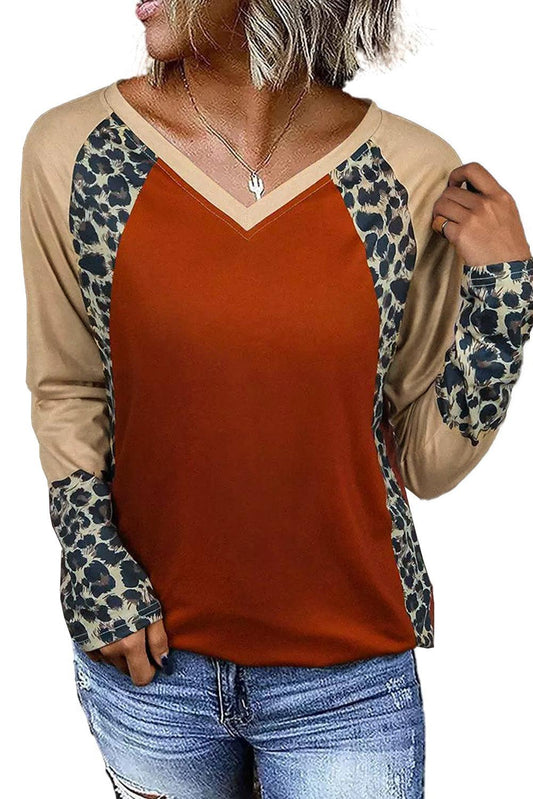 Colorblock Leopard V Neck Long Sleeve Top - Higher Class Elegance