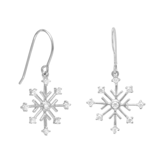 Rhodium Plated 8 Point Snowflake Earrings with 9 CZs on French Wire freeshipping - Higher Class Elegance