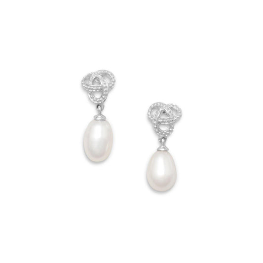 Rhodium Plated Love Knot Earrings with Cultured Freshwater Pearl Drop freeshipping - Higher Class Elegance