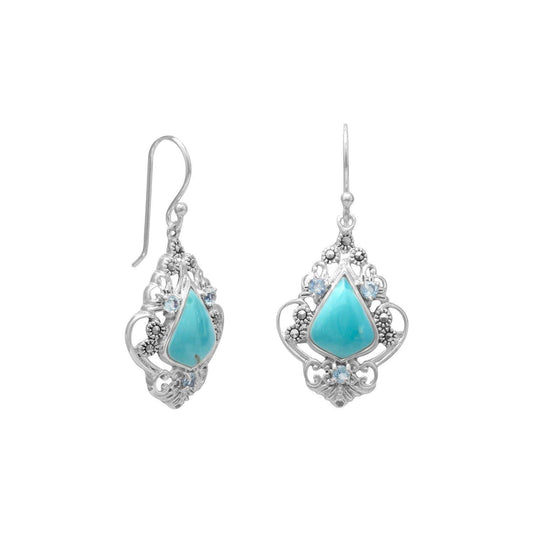 Reconstituted Turquoise, Blue Topaz and Marcasite Earrings freeshipping - Higher Class Elegance