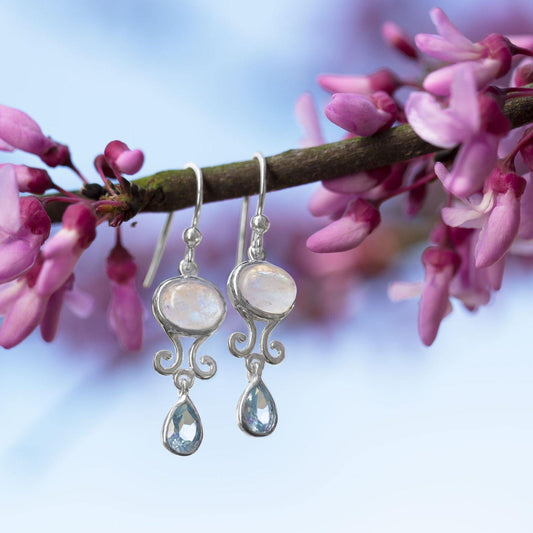 Rainbow Moonstone and Blue Topaz Drop Earrings freeshipping - Higher Class Elegance