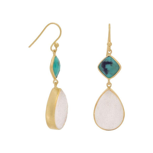 14K Gold Plated Earrings with Stabilized Turquoise and Druzy freeshipping - Higher Class Elegance