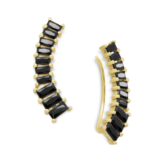 14 Karat Gold Plated Ear Climbers with Black CZs freeshipping - Higher Class Elegance