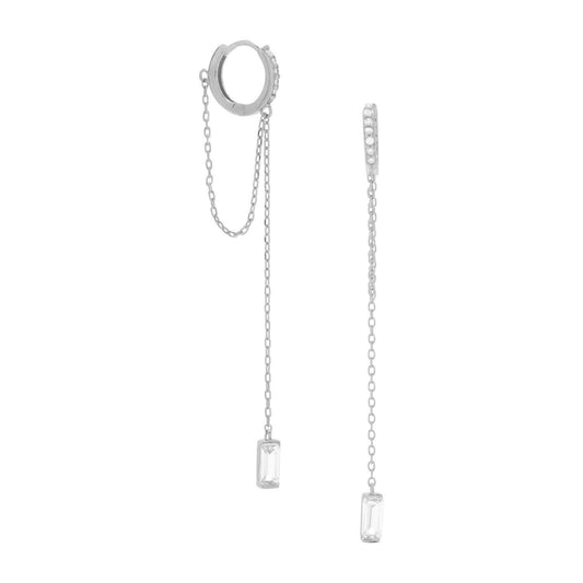 Rhodium Plated CZ Hoop Earrings with Chain Drop freeshipping - Higher Class Elegance