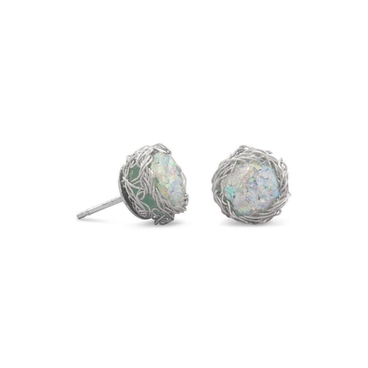 Round Ancient Roman Glass Stud Earrings with Woven Wire Mesh freeshipping - Higher Class Elegance