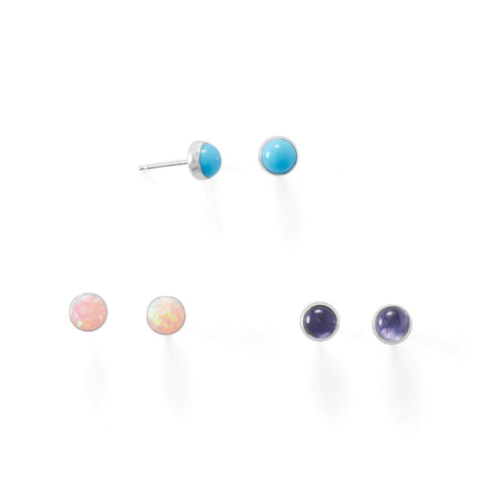 Set of 3 Synthetic Pink Opal, Reconstituted Turquoise, and Iolite Button Studs freeshipping - Higher Class Elegance