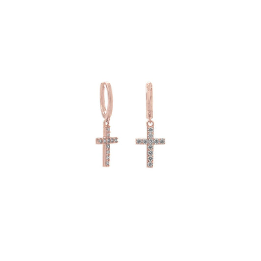 14 Karat Rose Gold Plated Hoop Earrings with CZ Cross freeshipping - Higher Class Elegance