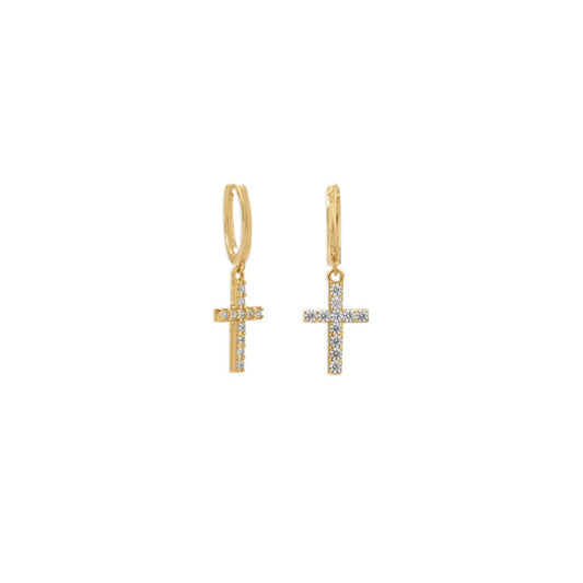 14 Karat Gold Plated Hoop Earrings with CZ Cross freeshipping - Higher Class Elegance