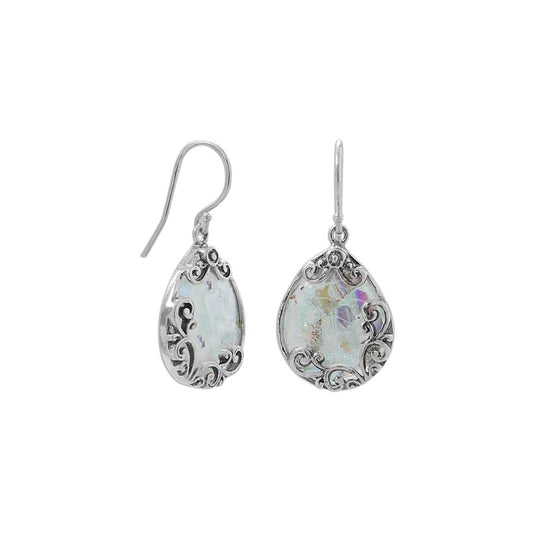 Oxidized Filigree Design Pear Ancient Roman Glass French Wire Earrings freeshipping - Higher Class Elegance