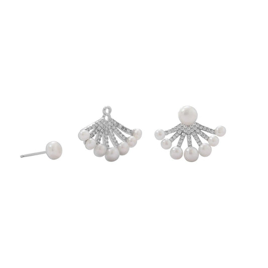 Rhodium Plated CZ and Cultured Freshwater Pearl Front/Back Earrings freeshipping - Higher Class Elegance